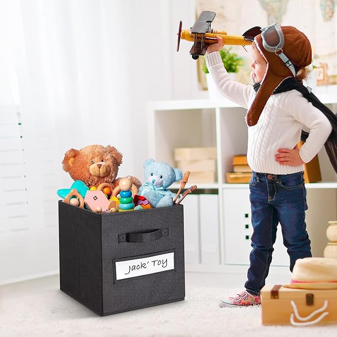 artsdi 13x13x13 storage cube bins (Set of 10) Fabric storage cubes with 10 Labels Window Cards & a Pen, storage cubes 13x13, Collapsible 13 inch cube storage bins, Cubby Organizer Boxes, Black