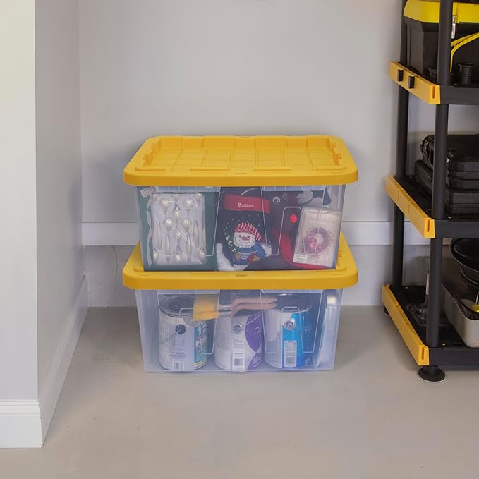 CX BLACK & YELLOW 27-Gallon Heavy Duty Clear Storage Bins with Lids, Stackable Plastic Storage Bins with Weather-Resistant Design, Home Organization, 4 Pack (14.3H x 20.6W x 30.6D)