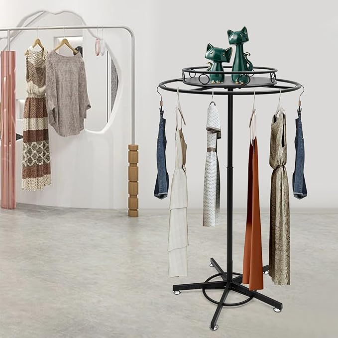 Round Garment Rack Floor Standing Rotating Clothes Hanging Rack with Topper 3.38-5.02ft Height Adjustable Retail Display Stand Metal Commercial Clothing Organizer Stand (Black)