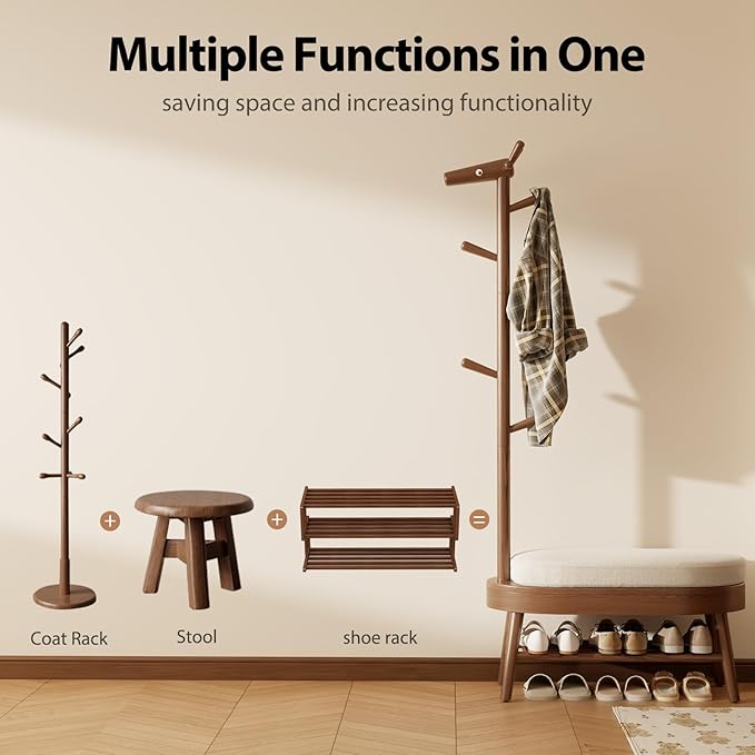 AQIMUELE Shoe Bench Entryway,Coat Rack with Shoe Storage, Coat Rack and Shoe Rack, Wooden Narrow Shoe Bench(Walnut)