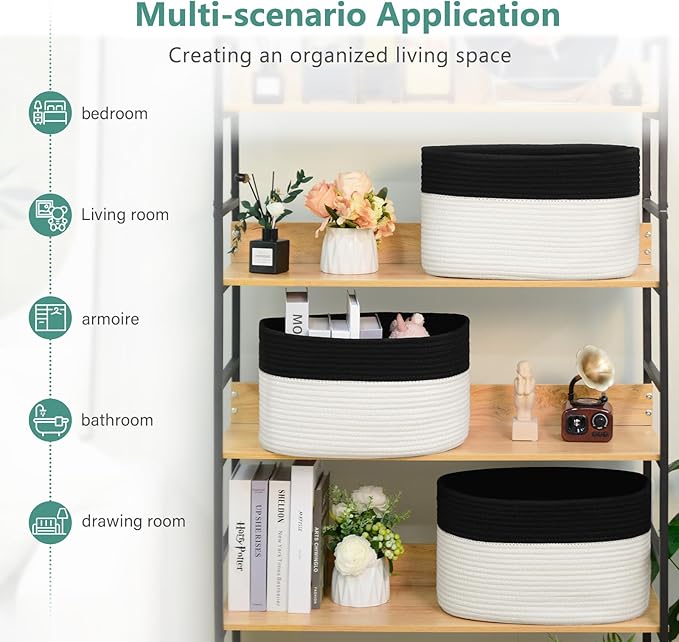 Cotton Rope Storage Basket, 15x10x9 Inches, Woven Basket for Shelves, Clothes, Towels, Books, and Laundry, Black/White (1 Pack)