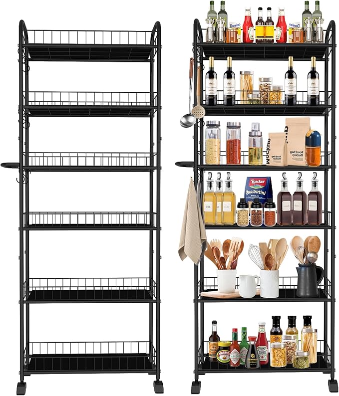 6in 6 Tier Slim Storage Cart with Wheels, Black Narrow Space Rolling Shelving Unit with Handle, Metal Wire Mobile Organizer Rack for Kitchen Bathroom Office Laundry