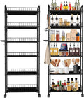 6in 6 Tier Slim Storage Cart with Wheels, Black Narrow Space Rolling Shelving Unit with Handle, Metal Wire Mobile Organizer Rack for Kitchen Bathroom Office Laundry