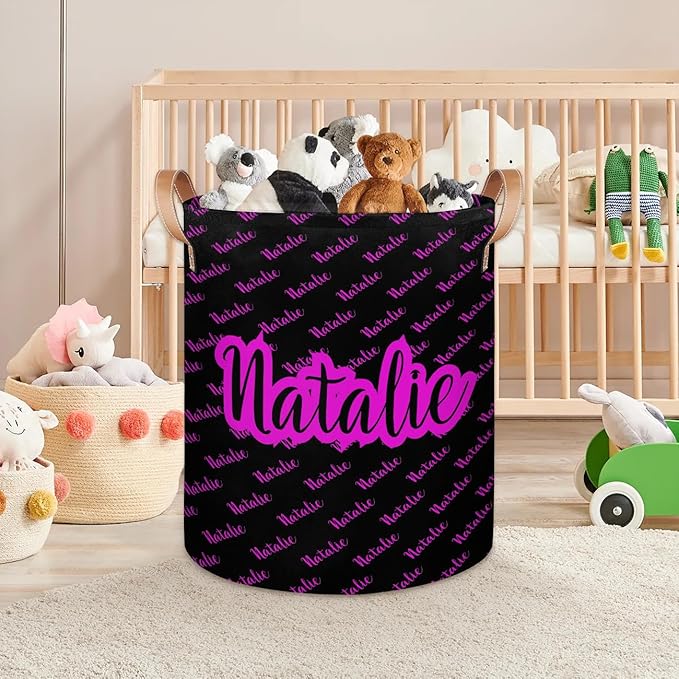 Personalized Laundry Basket, Custom Gift Laundry Hamper, Collapsible Nursery Waterproof Laundry Baskets, Dirty Clothes Toy Hamper with Handles Name Text Black Purple