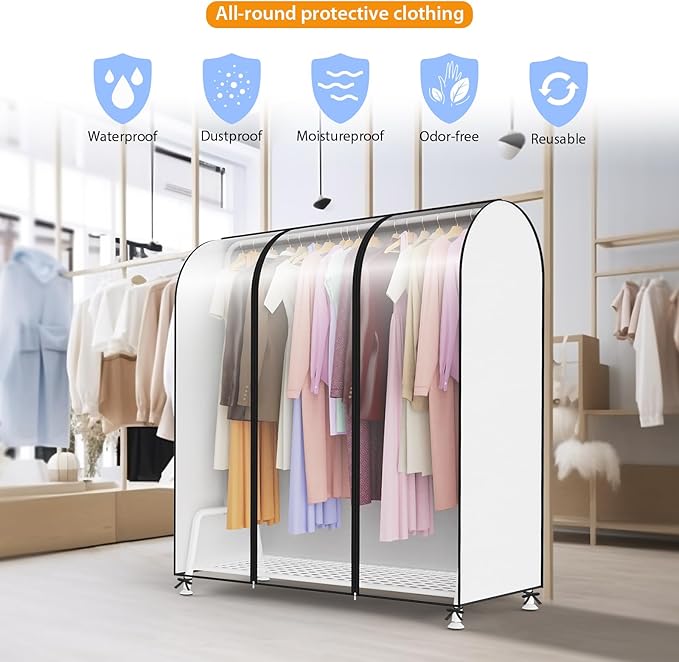 Kntiwiwo Clear Garment Rack Cover, Clothes Rack Cover Clothing Rack Cover with Durable Zippers for Garment Rack, Clothes Rack, Black, 50"L x 20"W x 60"H (Rack Not Included)