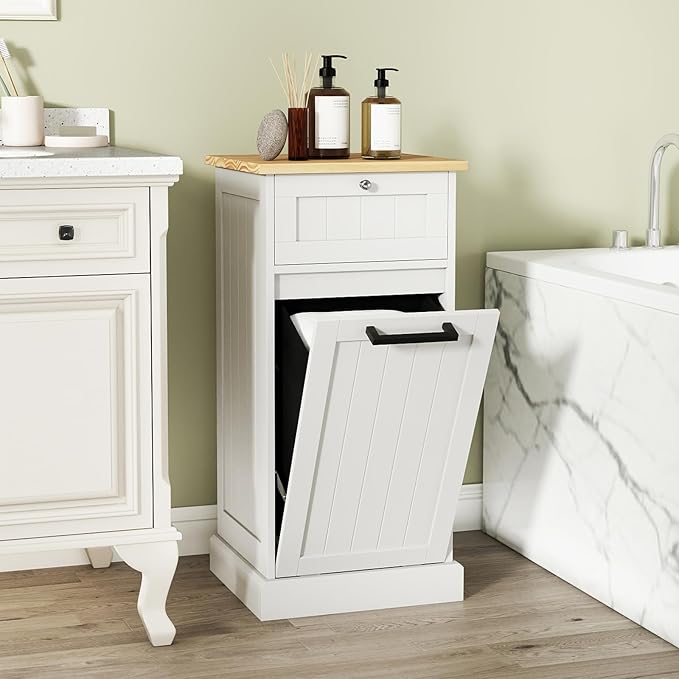 Giantex Tilt Out Laundry Hamper Cabinet, 10 Gallon Bathroom Storage Cabinet with Drawers & Removable Basket, Modern Wood Hidden Laundry Hamper for Laundry Room, Bedroom, Kitchen, Corner, White
