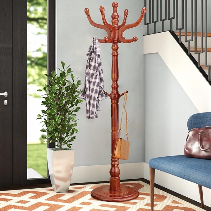 Wood Coat Rack, Heavy Duty Coat Rack Freestanding with 11 Smooth Hooks, Vintage Coat Tree, Clothes Hanger Stand with Stable Disc Base for Entryway, Bedroom (Light Brown)