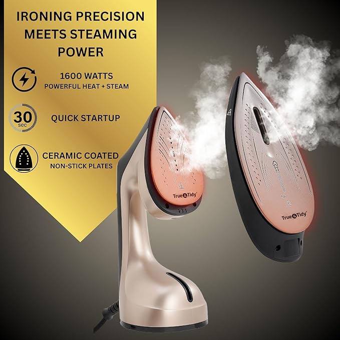 True & Tidy 2-in-1 Iron and Handheld Steamer, 1600W Dual Heating System with Ceramic-Coated Plate, LCD Display, No-Drip Technology, 3 Fabric Modes, Portable Garment Steamer for Home & Travel
