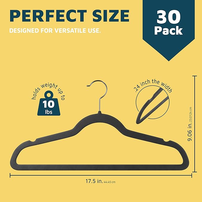 Lifemaster Velvet Non-Slip Hangers - 30 Pieces Non-Slip Coat Hanger Set with 360° Swivel Hook, Space-Saving, Sleek Design, Keep Closet Organized, Smooth Velvet Finish, Lightweight Construction - Gray