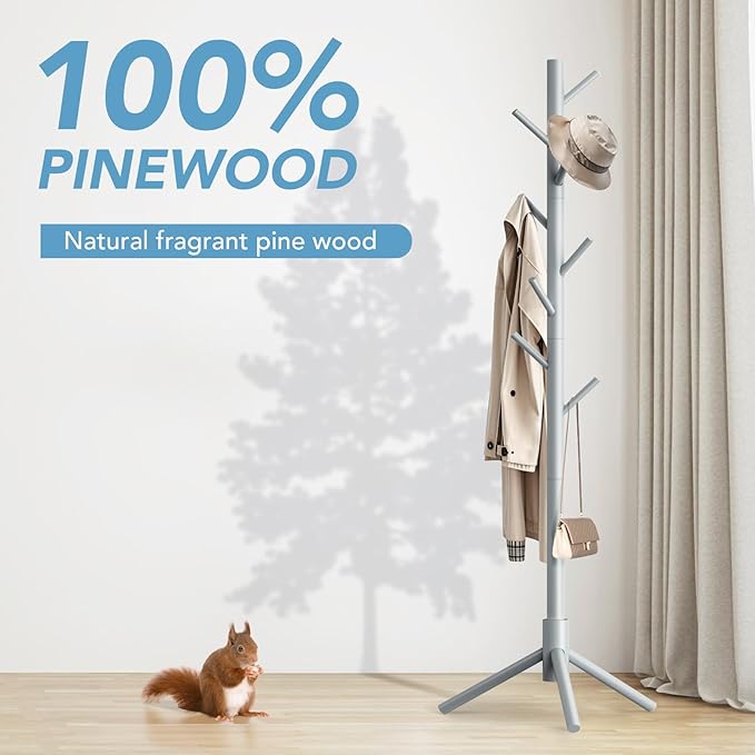Wooden Coat Rack Freestanding with 8 Hooks,Easy Assembly New Zealand Pine Tree Coat Racks, 3 Adjustable Sizes for Clothes, Hats, Bags, for Entryway, Hallway, Bedroom, Office (Grey, 1 PC)