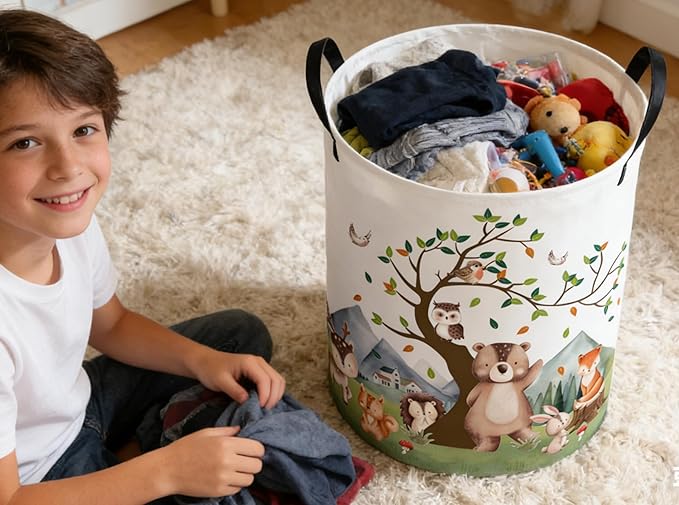 Kids Laundry Basket Animal Hamper for Nursery Woodland Hamper Cute Kids Storage Bin Organizer Room Decor for Home(Tree animal)