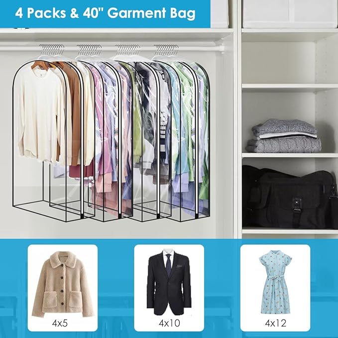 40" Clear Garment Bags for Hanging Clothes, Garment Bags for Storage with Smooth Side Zipper 10" Gusseted Waterproof Garment Bag for Shirts, Coats, Dresses, Suits,4 Pack
