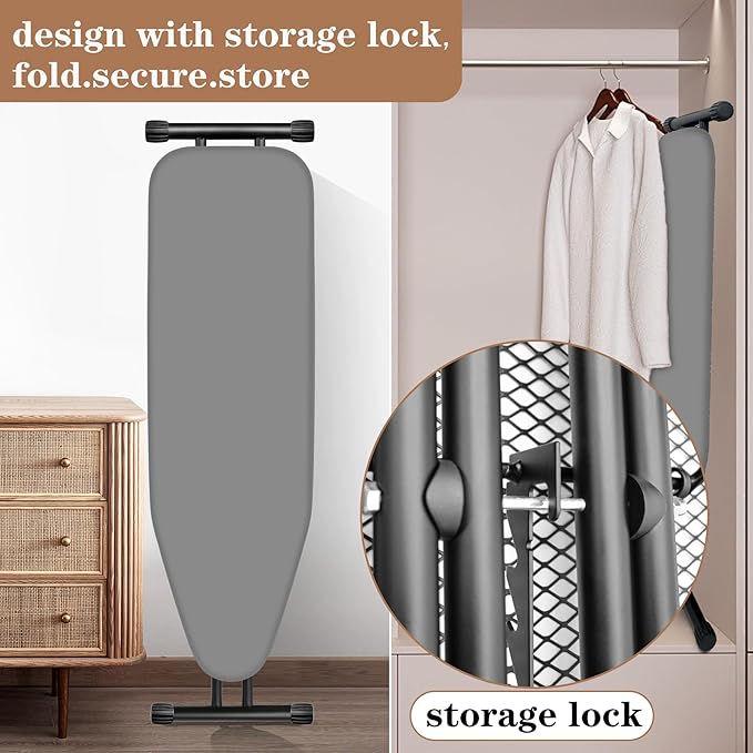 Ironing Board, Compact and Space Saver,Size 13 x 43, Metal Construction Ironing Boards with Extra Thick Heavy Duty Padded, Stable Structure,Skid Feet, Premium Iron Board (Grey)