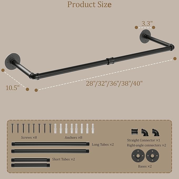 Wall Mounted Clothes Rack 2 Pack, Industrial Pipe Clothing Hanger 32 Inch Black, Heavy Duty Wall Mount Closet Rod for Bedroom, Entryway, Laundry Drying Rack, Retail Display Clothes Rod