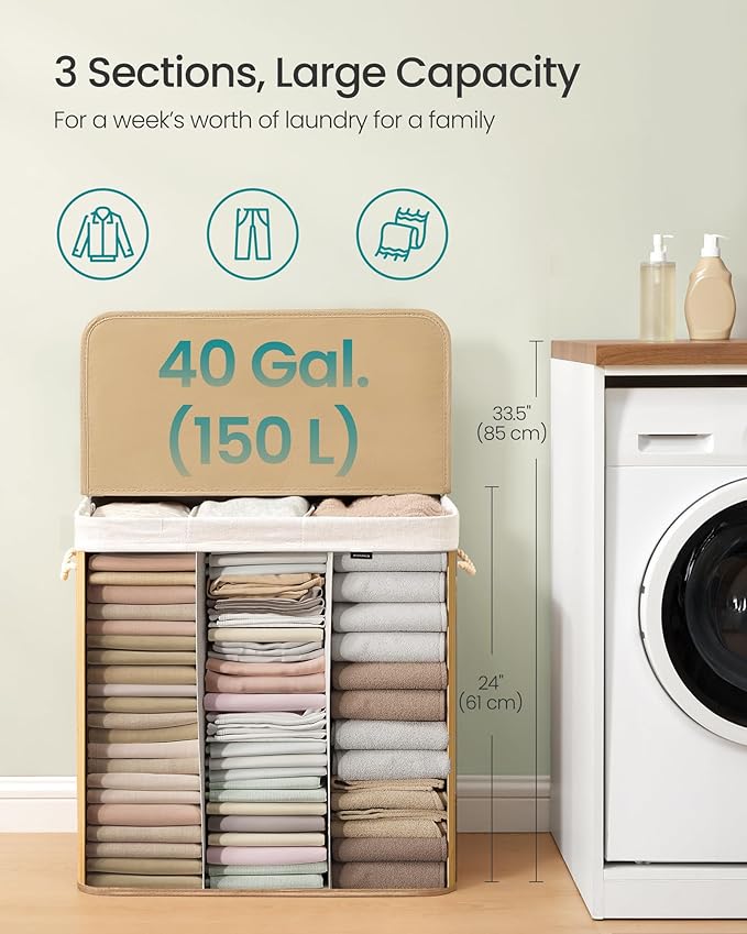 SONGMICS Laundry Hamper, 39.6 Gal. (150 L), 3-Section Laundry Basket, Laundry Hamper with Lid, Bamboo, Foldable, Removable and Machine Washable Liner, for Laundry Room, Bedroom, Natural ULCB091N01