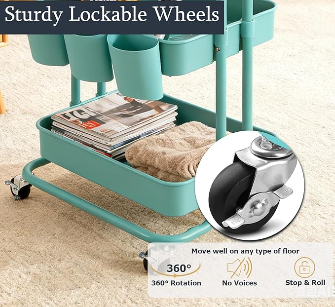 3 Tier Rolling Cart with Table Top Small Storage Utility Cart on Wheels School Offices Supplies Mobile Cart with 3 Organizer Cups, Metal Frame w/Plasitc Trays(Teal)