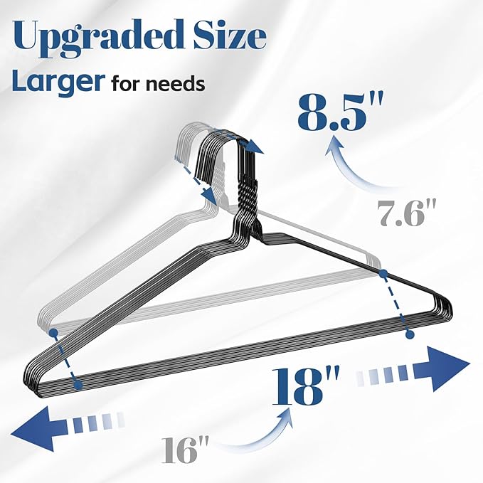 SPECILITE 18 Inch Wire Metal Clothes Hangers Bulk 100 Pack for Large Size Suits, Coats, Shirts, Pants, Skirts, Space Saving, Non Slip,12 Gauge Ultra Thin, Black