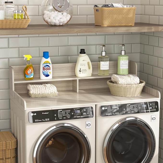 LEMBERI 2 Tiers Shelf Washer Dryer Countertop, 54" W x 27.5" D Laundry Organization, Wooden Topper for Folding, Sorting & Ironing, Easy Install, Oak