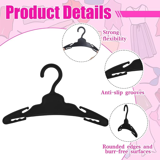 Soulchen 100 Pcs Doll Clothes Hangers for 18 Inch Dolls, Plastic Clothes Hangers with Non-Slip Clips, Space-Saving Wardrobe Accessories for Gown Dress Outfit (Black)