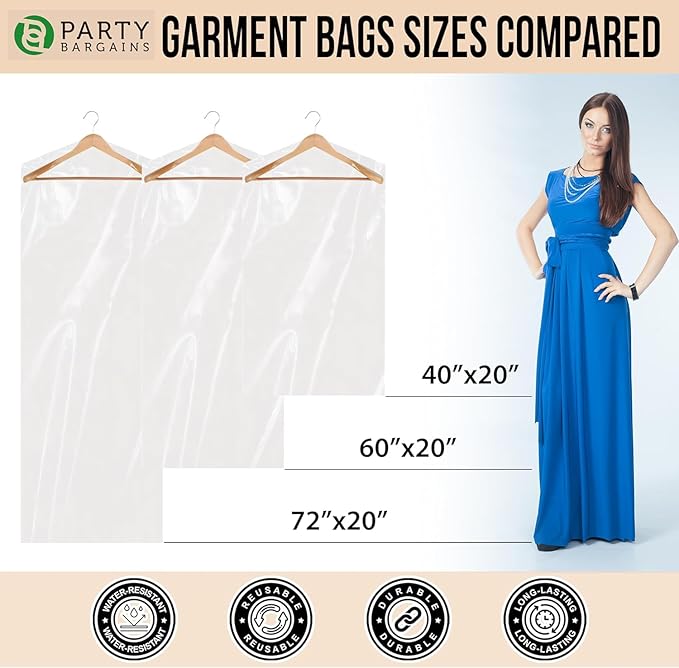PARTY BARGAINS 60 x 24 Inch Disposable Clear Garment Bags, 50 Pack – Heavy-Duty Plastic Clothes Covers for Suits Dresses Coats, Closet & Travel