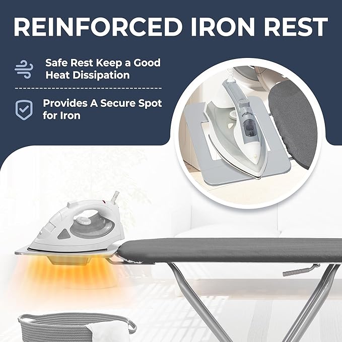 STO STO Ironing Board 45" x 14" with Iron Holder, Adjustable Height 29" to 36", Full Size Foldable Iron Board with Silver Coated Cotton Removable Cover, Sturdy Steel Frame and Legs, Gray