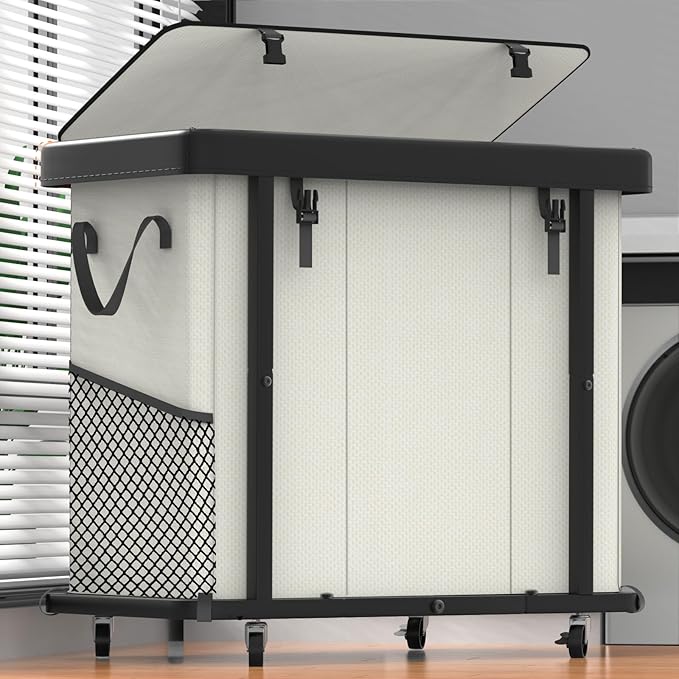 230L (60 Gal) Large Fashion Laundry Basket with Wheels, Leather Patchwork Laundry Sorter 3 Section, Sturdy Metal Frame, Removable Washable Bag, Tall Clothes Sorter for Bedroom - Beige