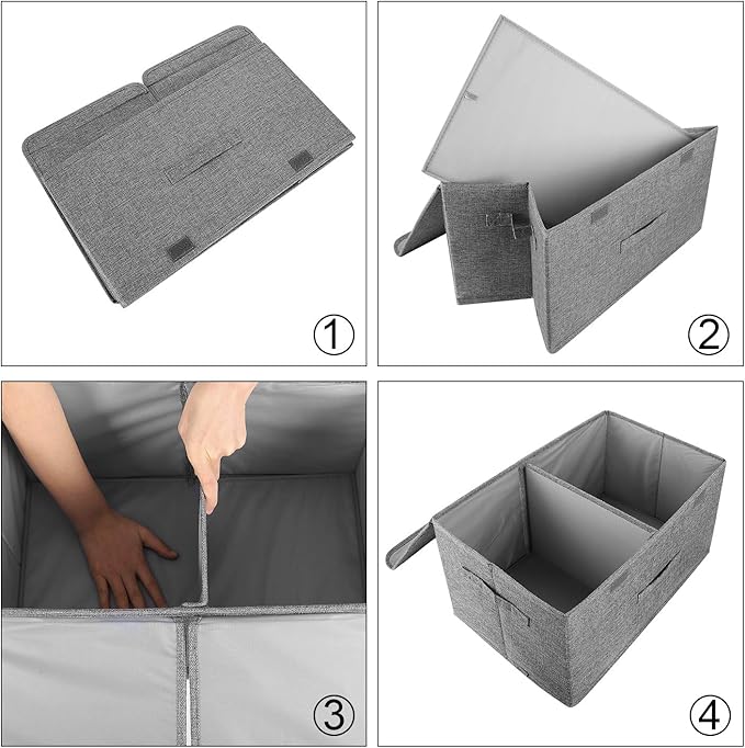 2 Pack Large Linen Fabric Collapsible Storage Bins with Lid and Handles, Washable Storage Box Baskets Cube with Removable Divider for Bedroom,Closet,Office,Living Room,Nursery (Black, Large)