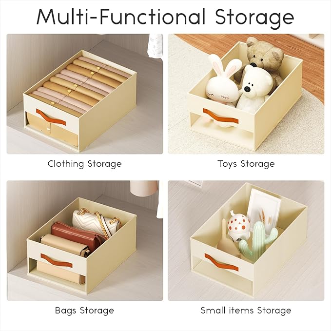 Drawer Organizers and Storage - 12 Pack Foldable Pants Organizer with Clear Window & Handles, Fabric Closet Organizer for Clothes, Jeans, Sweaters, Towels, T-shirt, Scarf (Beige)
