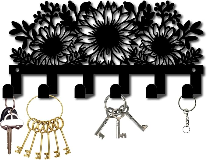 CREATCABIN Metal Sunflower Key Holder Rack Wall Mount Decorative Black Coat Organizer with 6 Hooks Flower Shaped Design Black Towel Hanger Rack Wall Art Decor for Entryway Room Bathroom 10.6x5 Inch