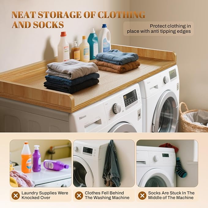 GCCSJ Washer Dryer Countertop, 54" Width x 27.5" Depth Wood Laundry Topper with Edge & Non-Slip Pads for Laundry Room Organization Storage & Clothes Folding, Oak