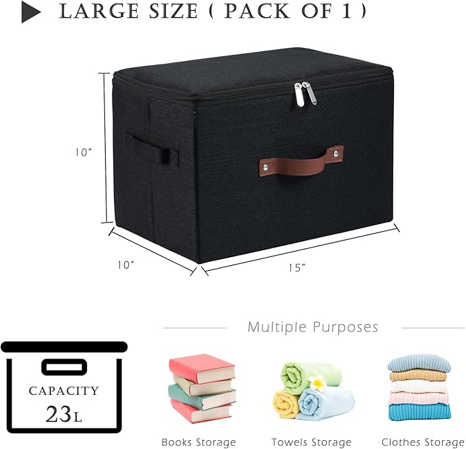 Storage Bins with Zipper Lid Cotton Linen Fabric Lidded Storage Baskets Boxes Foldable Washable Closet Shelf Clothes Organizer Container with PU Leather Handles (Black, Large Size)