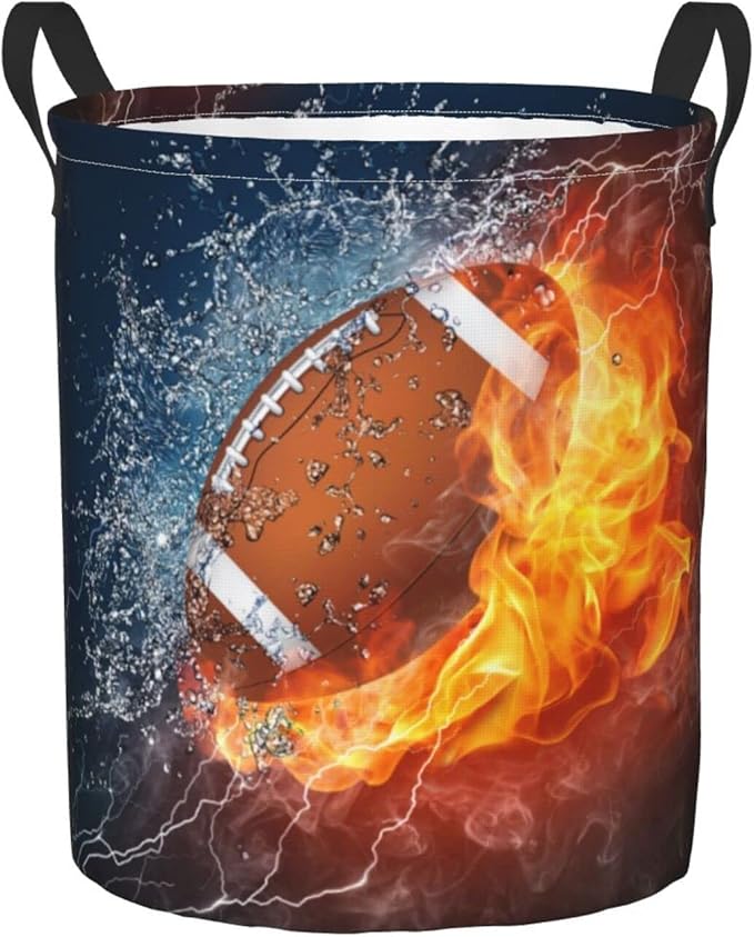 Dujiea Football Ball In Fire And Water Laundry Basket Round With Handle, Collapsible Foldable Canvas Storage Bin Dirty Clothes Bag For Laundry/Toys Organizer/College Dorm/Nursery/Decor(2 Sizes)