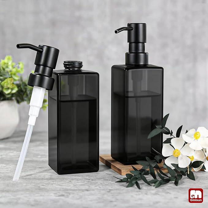 GMISUN Black Glass Soap Dispenser, Hand Soap Dispenser with Stainless Steel Pump for Bathroom, 12 fl oz/350ml Refillable Dish Dispensers for Kitchen, Modern Liquid Lotion Bottles for Countertop