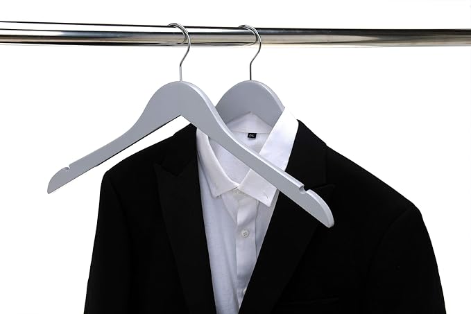 Quality Semi Curved Wooden Suit Hangers, 10-Pack Smooth Finish Solid Wood Coat Hanger with Swivel Hook, Jacket, Pant, Dress Clothes Hangers (Gray, 10)