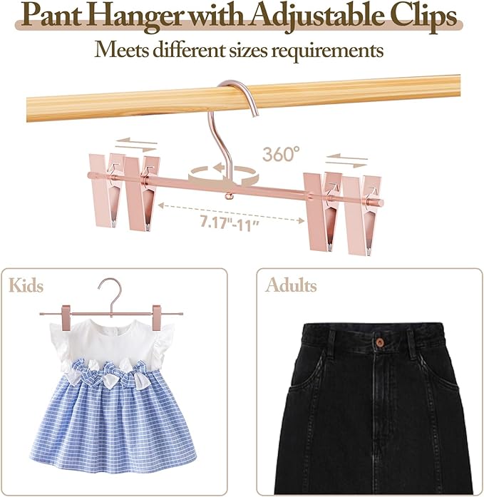 Matte Rose Gold Aluminum Pants Hangers 10 Pack, Lightweight Skirt Hangers with 360°Swivel Hooks and Non-Slip Adjustable Clips for Trousers, Skirts, Jeans, Kids & Adults, Durable, Space-Saving