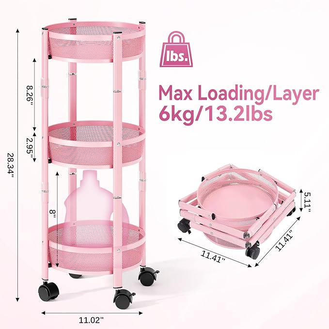 TOOLF 3-Tier Foldable Metal Storage Rolling Cart, Collapsible Utility Cart, No Assemble, Multifunction Organizer Trolley with Lockable Wheels for Kitchen, Living Room, Bathroom, Pink