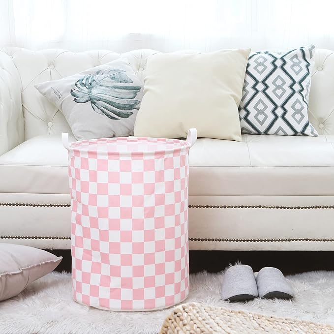 Sea Team 19.7 Inches Large Sized Waterproof Coating Ramie Cotton Fabric Folding Laundry Hamper Bucket Cylindric Burlap Canvas Storage Basket with Stylish Grid Pink Design