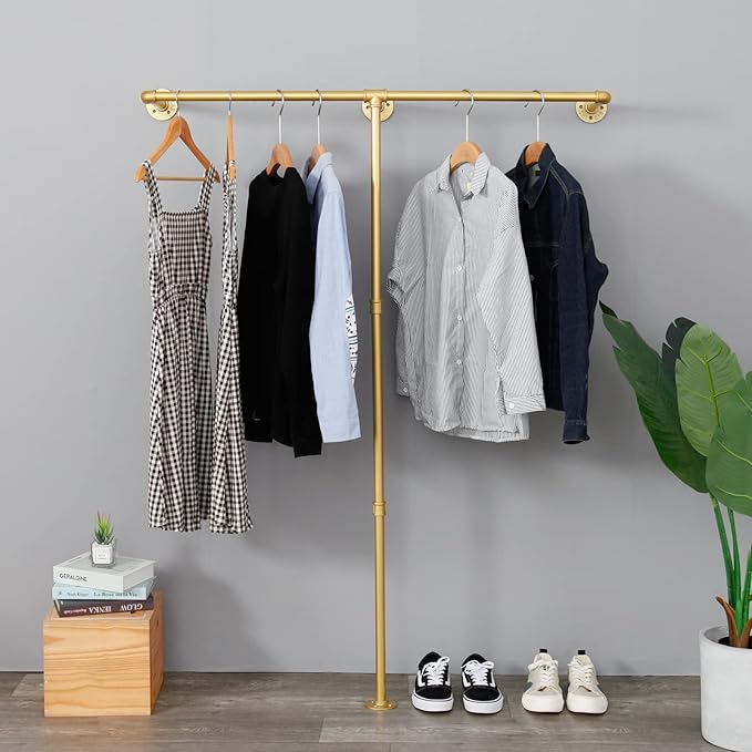 Industrial Pipe Clothes Rack, Heavy Duty Wall Mounted Black Iron Garment Bar,Retail Display Rack Closet Storage Clothes Organizer (47.2, Gold)