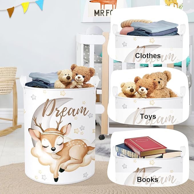 Sleeping Animals Baby Laundry Hamper Collapsible Clothes Kids Storage Basket Large Boys Girls Gift Toy Box Bin for Nursery, Deer, 63L