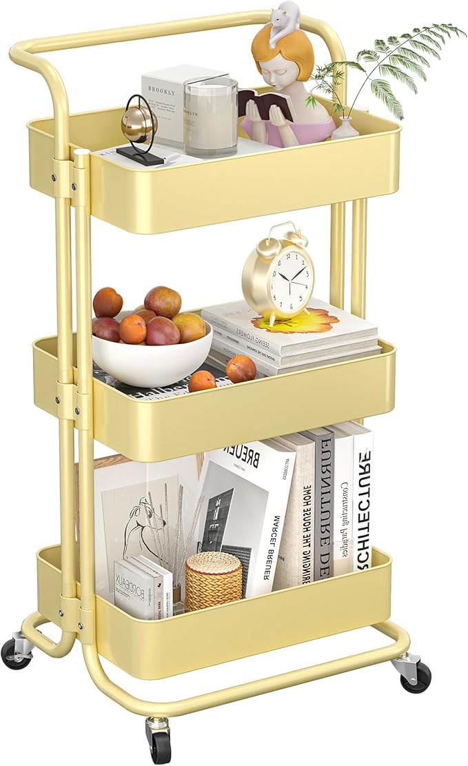 3-Tier Metal Rolling Cart with Wheels, Utility Storage Cart, Multifunctional Organizer Storage for Kitchen, Bedroom, Office, Laundry Room, Dorm Room Essentials (Cream Yellow)