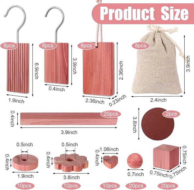 Geelin 122 Pcs Cedar Blocks for Clothes Storage Planks with Metal Hooks Cedar Chips Wood Balls and Rings Scented Sachets for Closet Drawer Shoe Cabinet Storage Bags