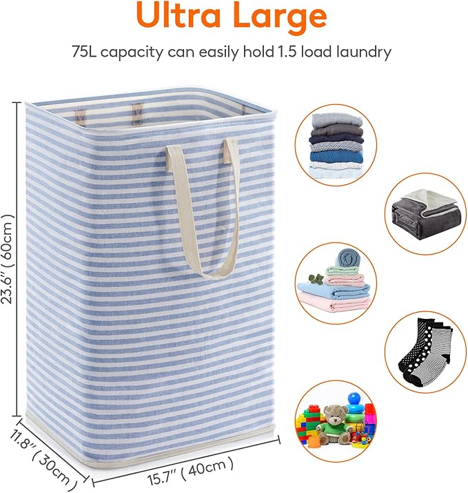 Lifewit 3 Pack Laundry Hamper Large Collapsible Laundry Baskets, Freestanding Waterproof Clothes Hamper with Easy Carry Handles in Laundry Room Bedroom Bathroom College Dorm, Blue, 3 x 80L