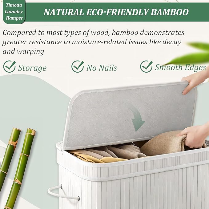 72L Laundry Hamper with Lid, Bamboo Laundry Basket with Removable Liner Bag, Foldable Clothes Hamper with Handles for Bedroom, Bathroom, Closet, Natural