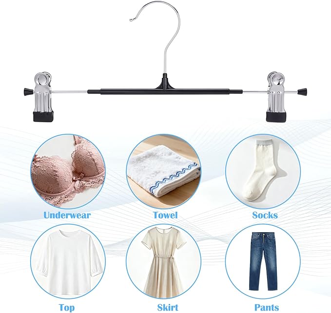30 Pack Pants Hangers with Clips, 12 Inch Adjustable Skirt Hangers for Women, Black Metal Non-Slip Toursers Skirt Hanger Heavy Duty Space Saving Clothes Hanger for Shorts Jeans Coat