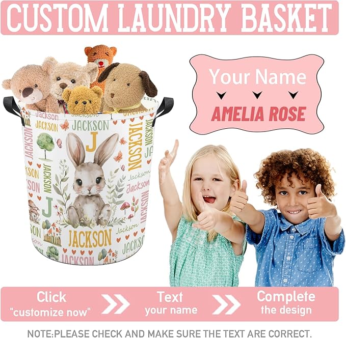 Bunny Laundry Basket,Custom Laundry Hamper with Name,Personalized Bunny Gifts for Boys Girls,Customize Collapsible Laundry Basket for Bedroom Bathroom,S-16.5"x 13.8"