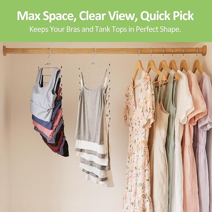 2 Pack Bra Hanger for Closet, Tank Top Hanger, Sturdy Metal Space Saving Hangers Sport Bra Holder, Closet Organizers and Storage, Silver