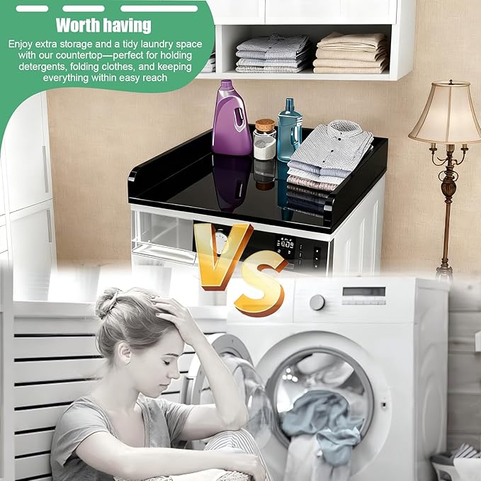 Laundry countertop Single Acrylic Single Laundry Countertop, 27.5″ W*27.5″ D*3.1″ H, Topper for Washer and Dryer with Non-Slip Mat for One Unit Only Washer or Dryer (Transparent)(Black)