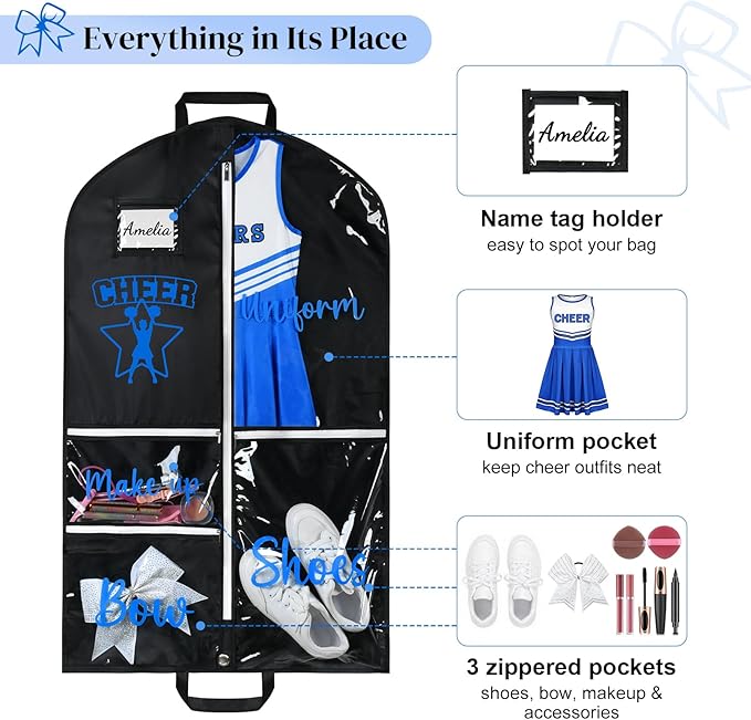DEEKA Cheer Garment Bag for Hanging Clothes with Zipper Pockets Cheer Accessories Mom Essentials Uniform Costume 40 Inch Black Bags Stuff for Cheerleading Girls (Black,Blue-Cheer Star Logo)
