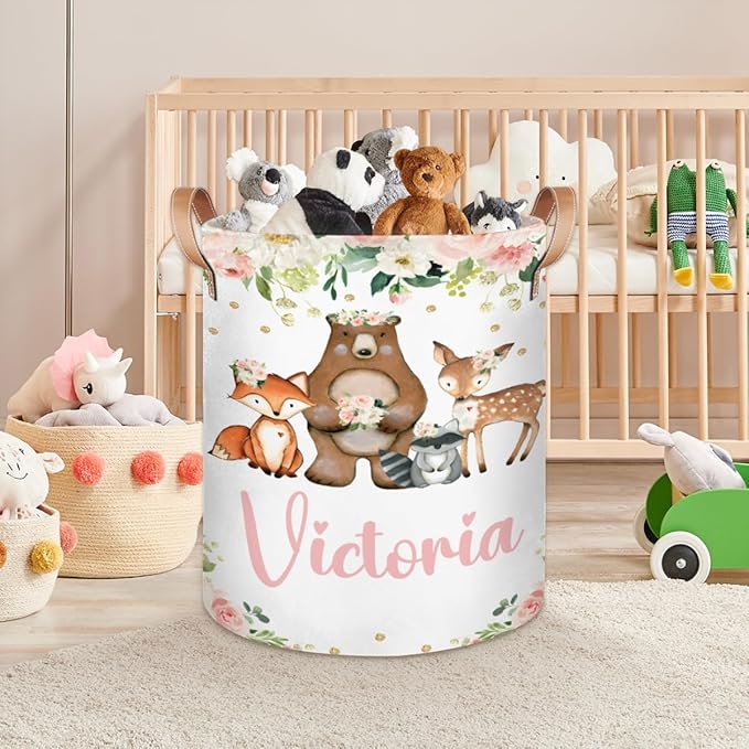 Personalized Laundry Basket, Custom Gift Laundry Hamper, Collapsible Nursery Waterproof Laundry Baskets, Dirty Clothes Toy Hamper with Handles Pretty Floral Woodland Animals
