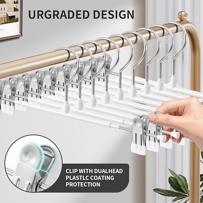 HUADYMEET 16 Inch Extended-Length Pants Skirt Hangers Non-Slip,50 Pack Adjustable Jeans Trousers Shorts Metal Clothes Hangers with Clips for Men Women, Strong Durable Heavy Duty Space Saving(White)